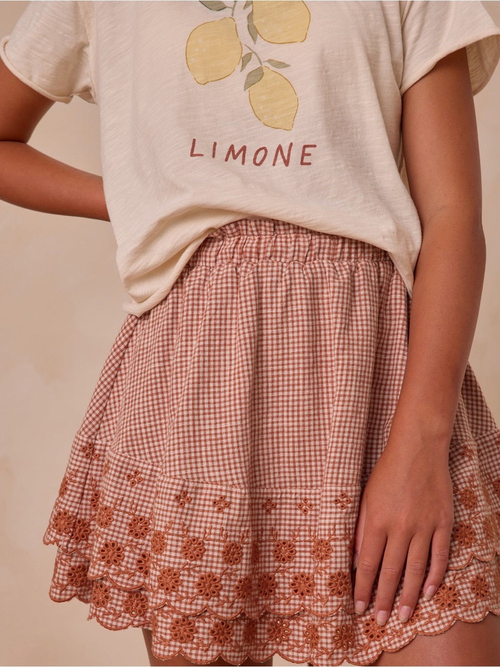 Gingham Lace-Trim Mini Skirt - Cream & Brown
